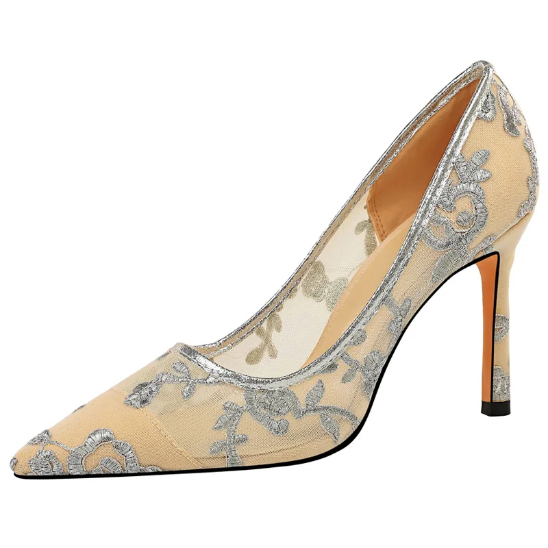 

TANGNEST 2019 Mesh Women Hollow Stiletto Shallow Pumps Wedding High Thin Heels Lace Breathable Ladies Sexy Casual Shoes XWD7547