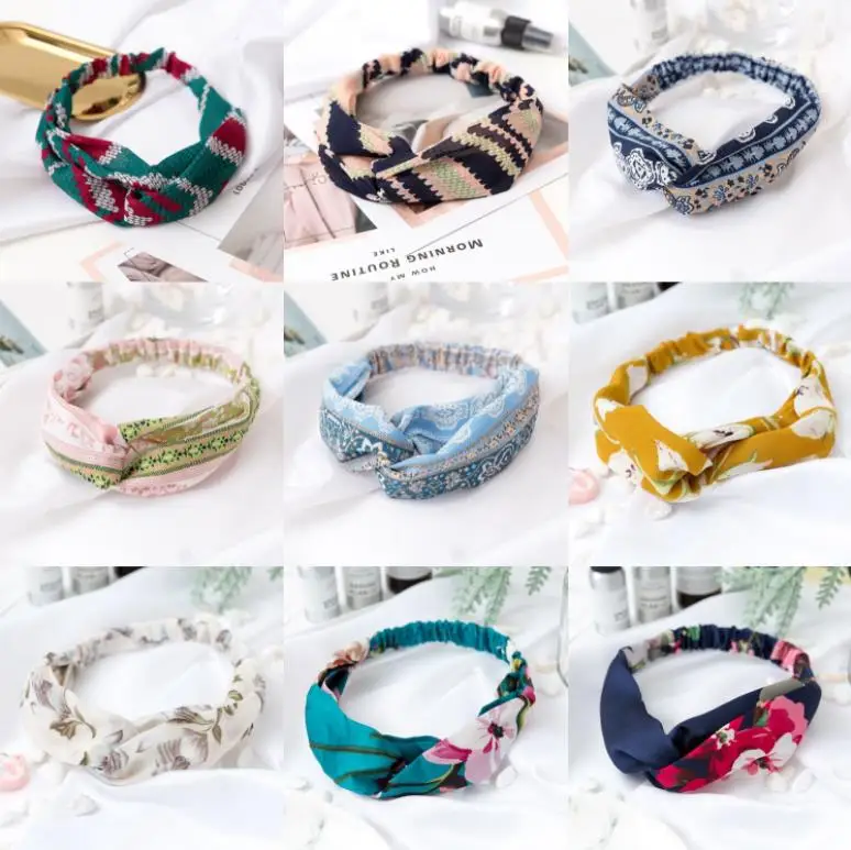 

free shipping 12pcs silk headbands soft Women Girls Bohemian Hair Bands Print Headbands Retro Cross Turban Bandage Bandanas Hair