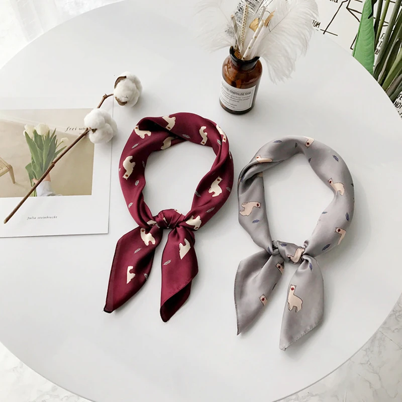 

Luna&Dolphin Women Square Scarf 70*70 Wine Red Grey Lamb Sheep Print Chiffon Silk Scarves Office Lady Headband Small Bandana