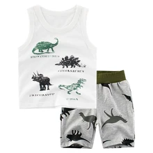 BINIDUCKLING Fashion Summer Baby Children Boy Clothes Set Sleeveless Vest+Shorts Dinosaur Cartoon Toddler Kids Clothing Set