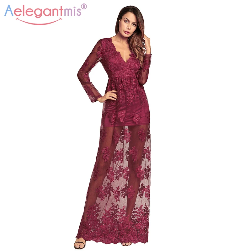 

Aelegantmis Elegant Women Mesh Long Dress Black Sexy V Neck Perspective Embroidery Lace Dress Female Slim Party Dresses Vestidos