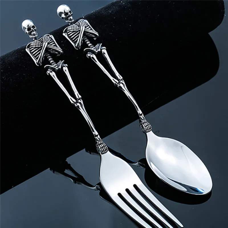 New 316 Stainless Steel Skeletons Cutlery Skeleton Fork and Spoon Skull Metal Flatware Set