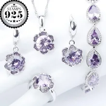Фиолетовые циркониевые серебряные Ювелирные наборы для свадебного костюма 925, серьги, подвески, ожерелье, браслеты из колец для женщин, ювелирный набор, подарочная коробка