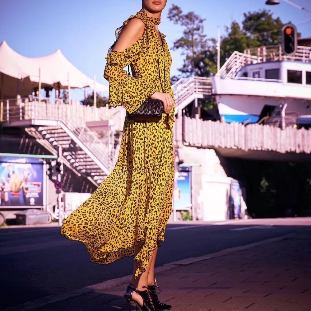 Роскошное дизайнерское Брендовое платье для женщин, подиумное сексуальное шифоновое платье с v-образным вырезом и вырезами с леопардовым принтом