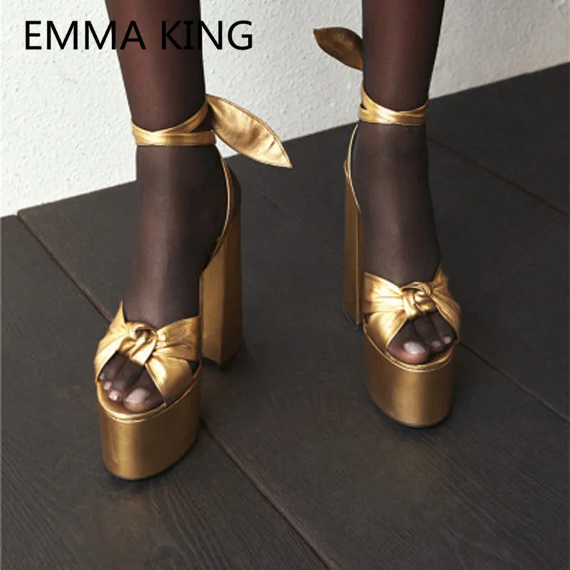 

2019 New Lace Up Ladies Platform Chunky Heel Sandals Open Toe Vintage Bow-Knot Women's High Heels Shoes Woman Gladiator Sandals