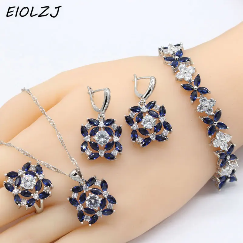 

925 Silver Ring Sets For Women Sterling Silver Bracelet Sets For Bride Wedding Blue AAA Zircon Necklace Ring Earrings Bracelet