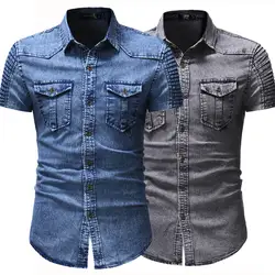 Летняя мода Для мужчин рубашки короткий рукав однотонная джинсовая большой Размеры свободные Повседневное карманы украшения рубашка с