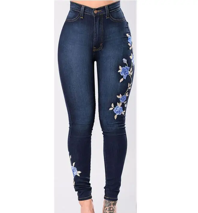 Embroidery Jeans Women Skinny Ripped Pants High Waist Stretch Slim Pencil Pants Denim Trousers