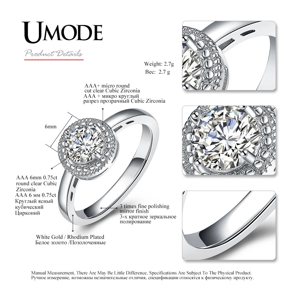 Женское кольцо с фианитом UMODE обручальное круглым кристаллом белого золота