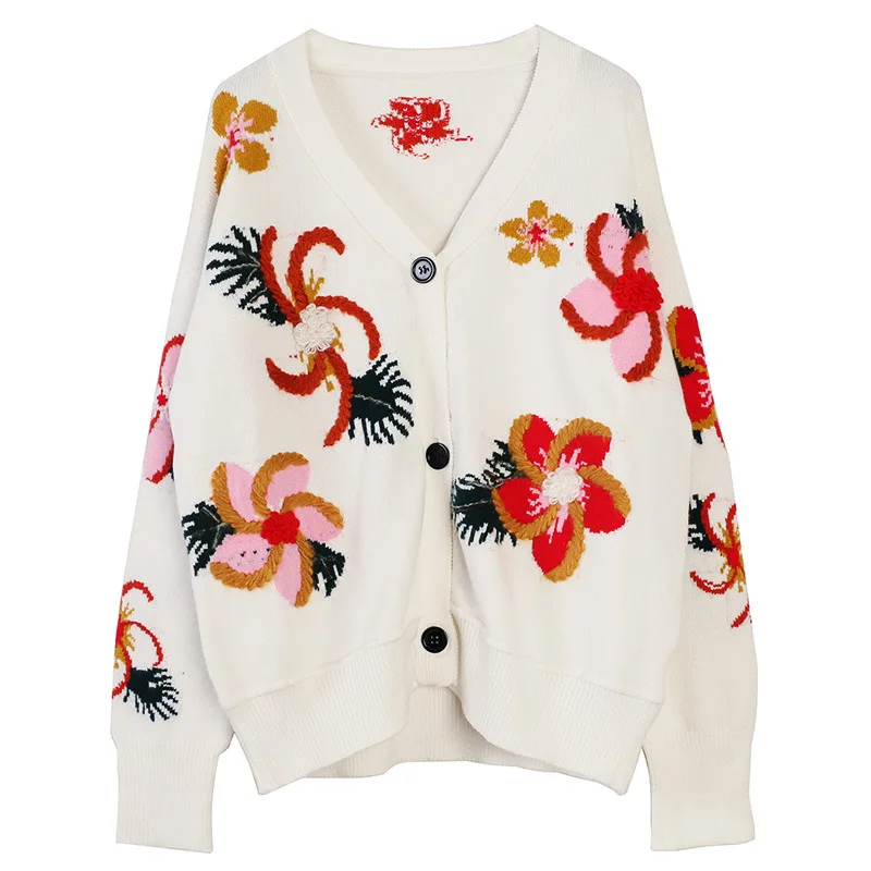 

Europe and America style autumn women's knitted coat Chic embroidered floral V-neck cardigans jackets A618