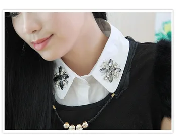 

2016 New Fashion collar women Blue jeans detachable shirt Sweater Fake Collar Korean diamond crystal pearl cowboy shirt lapel
