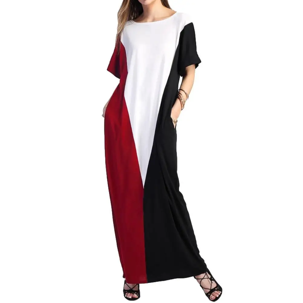 

Fashion Summer Women Sundress Clothing Color Block Round Neck Oversized Kaftan Casual Loose T-Shirt Long Beach Party Maxi Dress