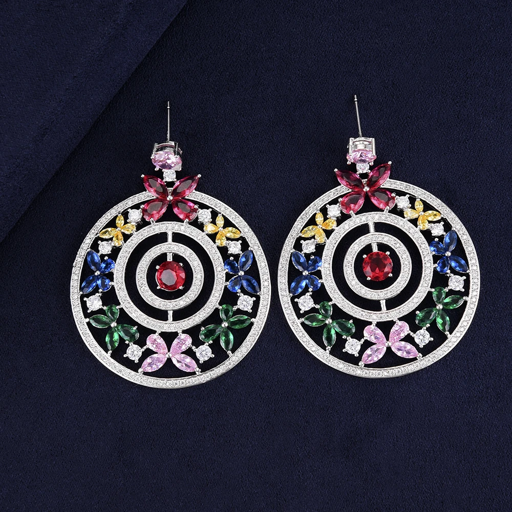 

Luxury Flower Shape Round Multicolors Cubic Zirconia Inlaid Dubai African Style Drop Dangle Earrings For Women Girls