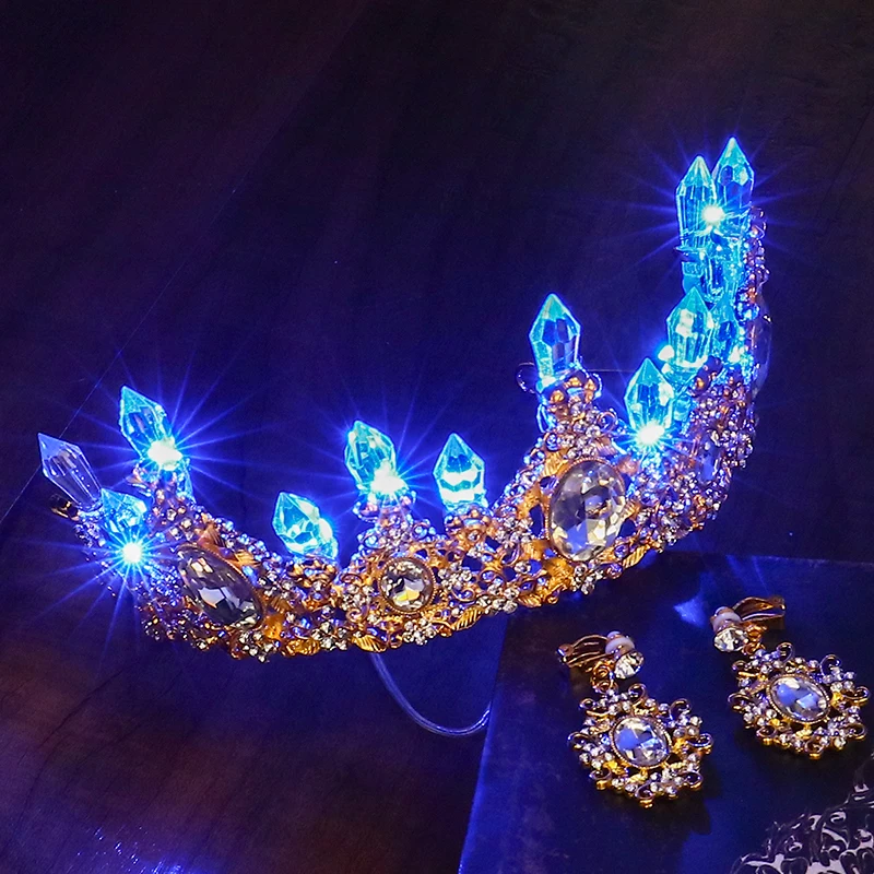 Светящаяся золотая корона для женщин на день рождения, вечерние, свадебные украшения для волос, светящаяся тиара, Корона невесты, цветок, Королевская корона, украшения для волос