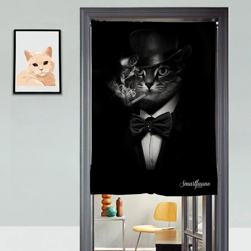 

Customsize Canvas 3D Door Curtains Panel Smoking Black Kitten Pattern Thicken Kitchen Curtains Bedroom Curtains for Living Room