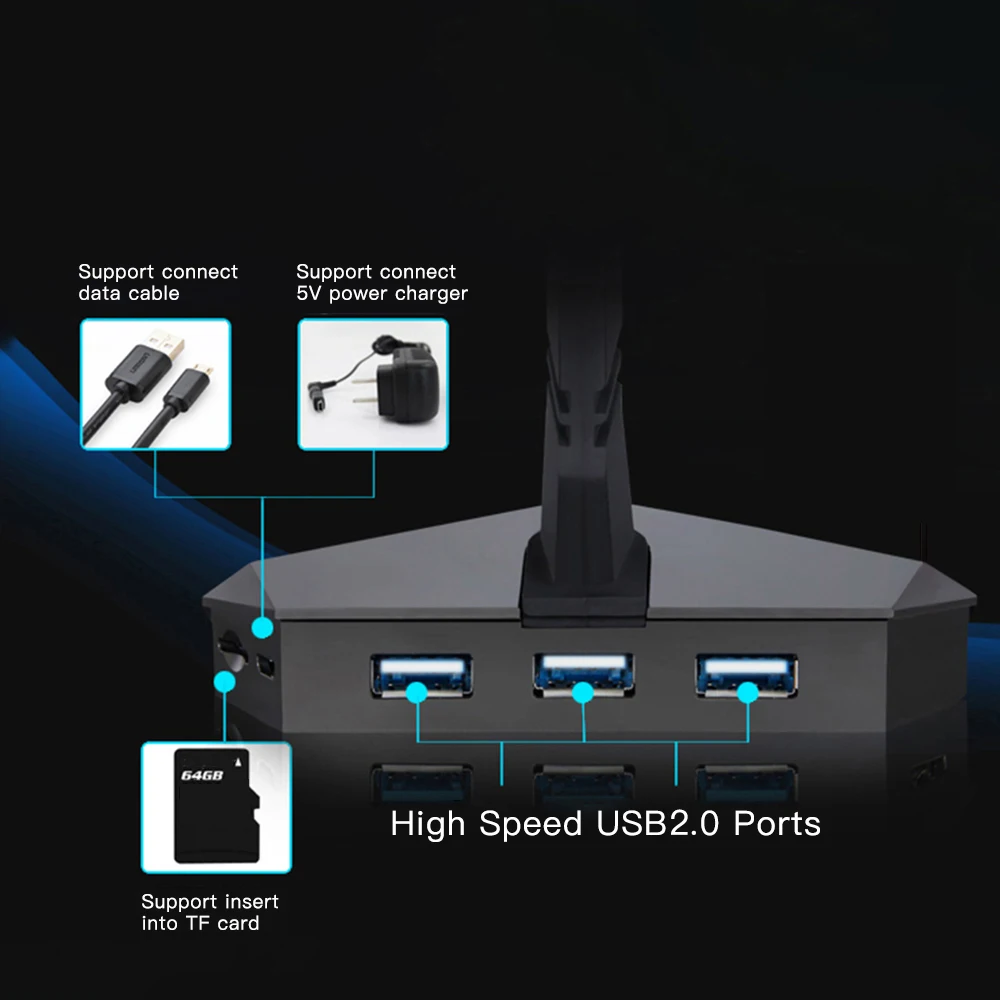 

USB 2.0 Data Gaming High Speed USB HUB 3-Port HUB with Mouse Bungee USB Hub Splitter Micro SD Card Reader Mouse Clamp