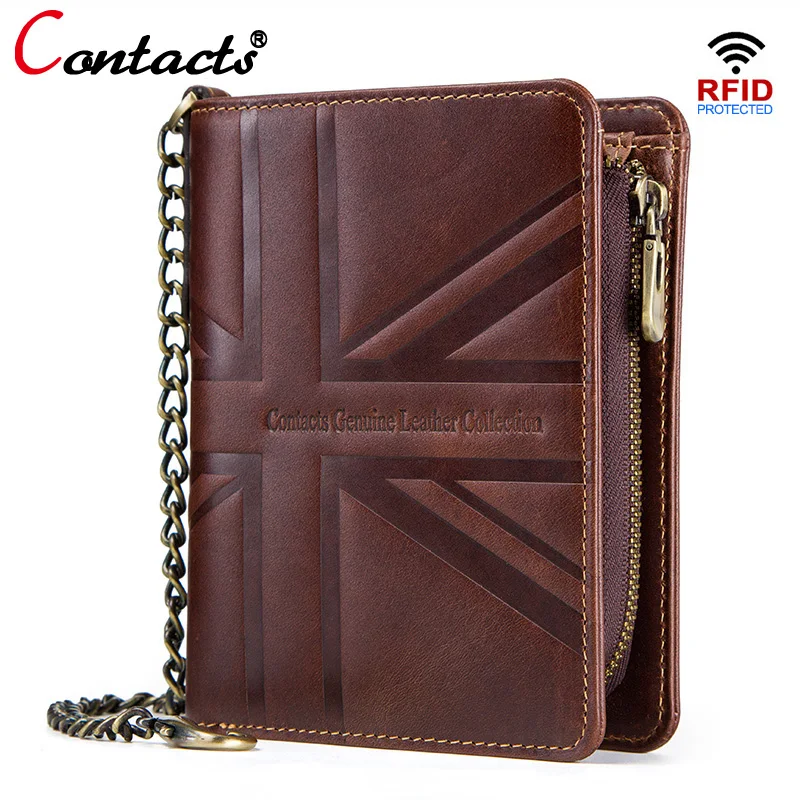 

CONTACT'S Genuine Leather Men Wallet Male Coin Purse Short Wallet With Chain Rfid Card Holder Small Walet Brand Design Zipper