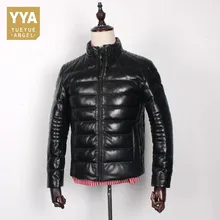 Мужские высококачественные пуховые пальто из овчины, черные тонкие короткие куртки из натуральной кожи, модная теплая зимняя верхняя одежда из натуральной кожи