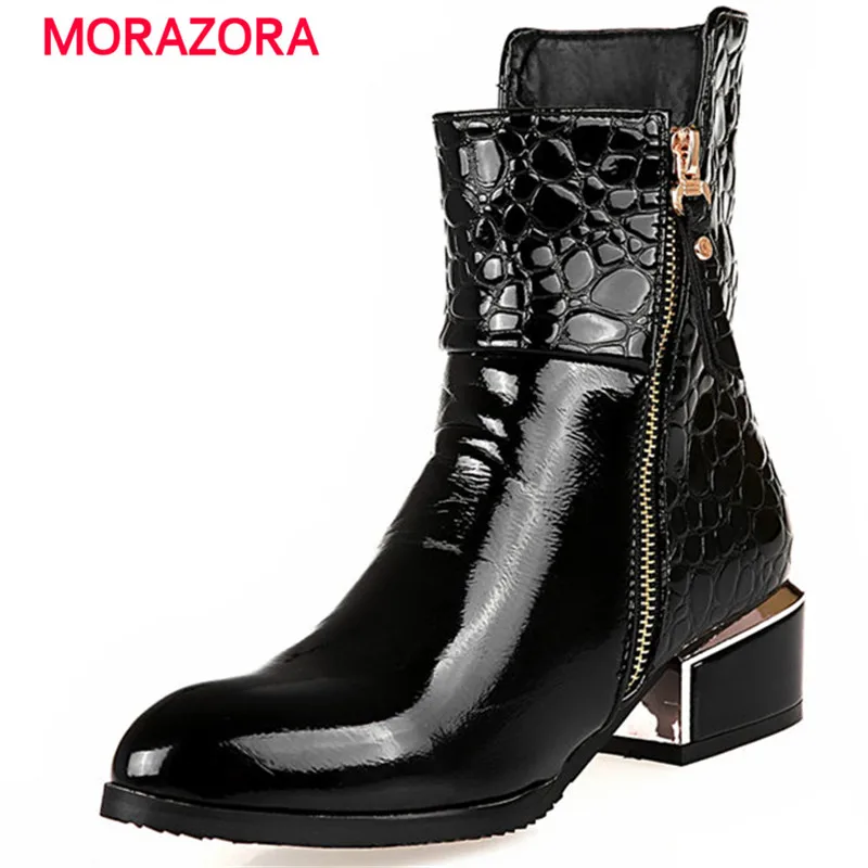 Beste MORAZORA big size vierkante hak enkellaars voor vrouwen herfst winter puntschoen med hak laarzen hoge kwaliteit pu leer laarzen