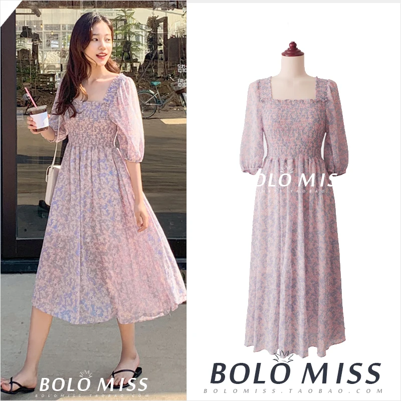 

Fair Lady Flower Print Chiffon Dress Square Neck Pleats Elastic Fit Flare Dress Puff Sleeve Robe Femme Vestido Mujer Vestiti