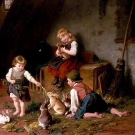 Children with Rabbits  Felix Schlesinger (1833-1910/German) Poster Print (24 x 36)