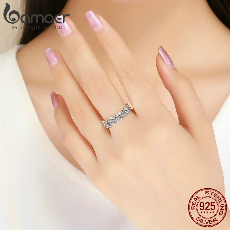 BAMOER 925 пробы серебряные цветы кольца на палец Ослепительная ромашка Луг стекируемые кольца, прозрачные CZ для женщин Свадебные украшения SCR397