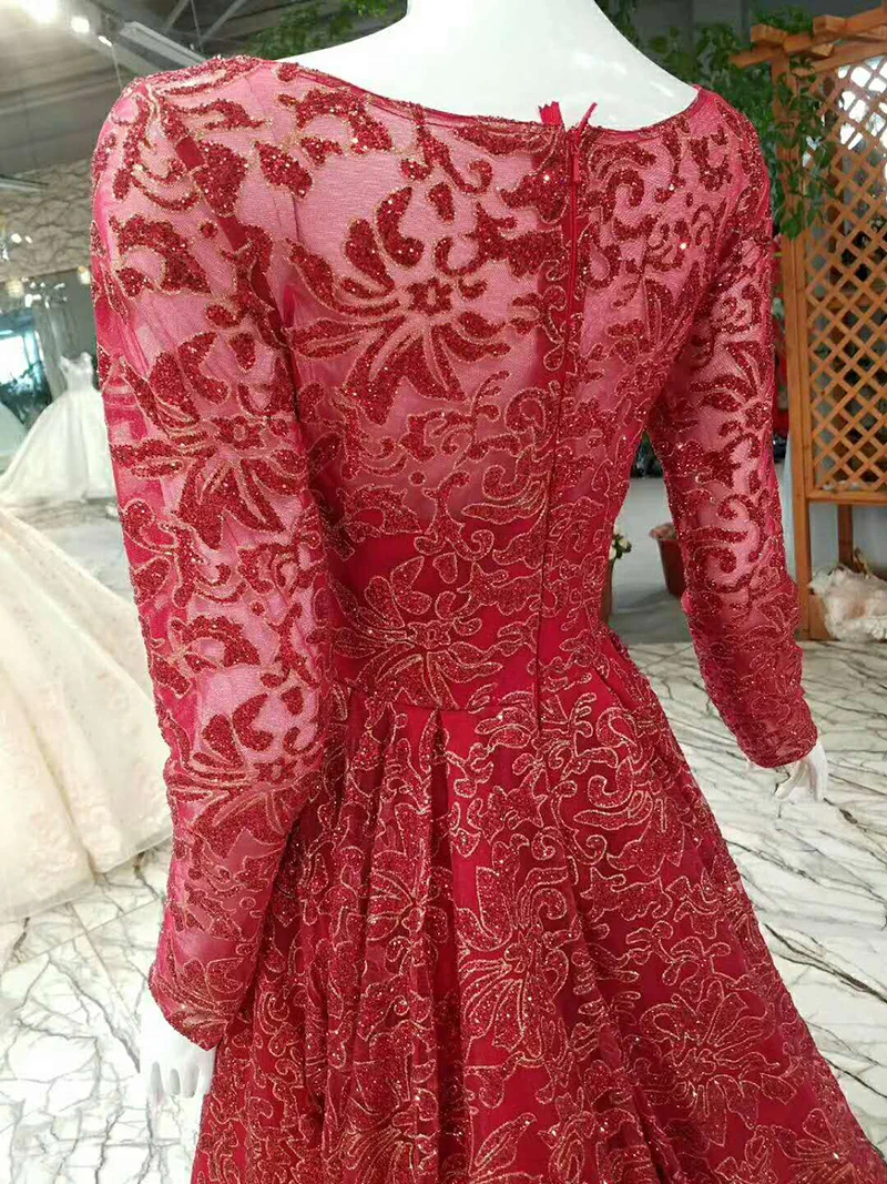 LSX009 Shiny red evening dress long sleeve zipper back A line formal dress vestido longo de festa real photo from china