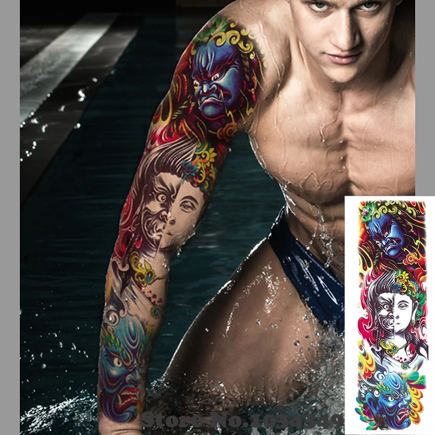 

2017 Temporary Tattoo Sticker Devil Buddha Design Full Flower Tattoo with Arm Body Art Big Large Fake Tattoo Sticker