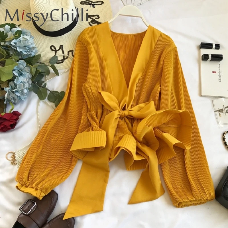 MissyChilli, белая шифоновая плиссированная Сексуальная Блузка с v-образным вырезом, рубашка, женские блузки с бантом и рюшами, женские летние повседневные топы с рукавом-фонариком - Цвет: Цвет: желтый