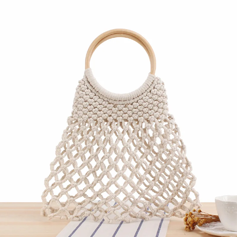 Beach Tote for Women,Bohemian Beach Bag Colorful Cotton Rope Woven Hollow Out Handle Bag with Wood Color Handle Light Brown