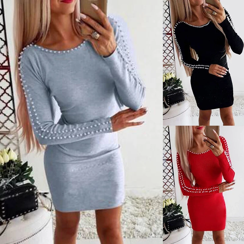Women Autumn Winter Dress Pearls Beading Bodycon Mini Dress Woman Causal Long Sleeve Sweater Pullovers Pencil Dresses Vestidos