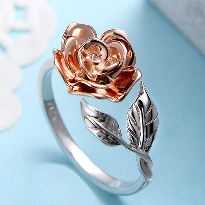 

Delicate Rose Flower Leaves Ring for Women Ladies Rose Gold Color Finger Ring Open Adjustable Jewelry Gifts anillos