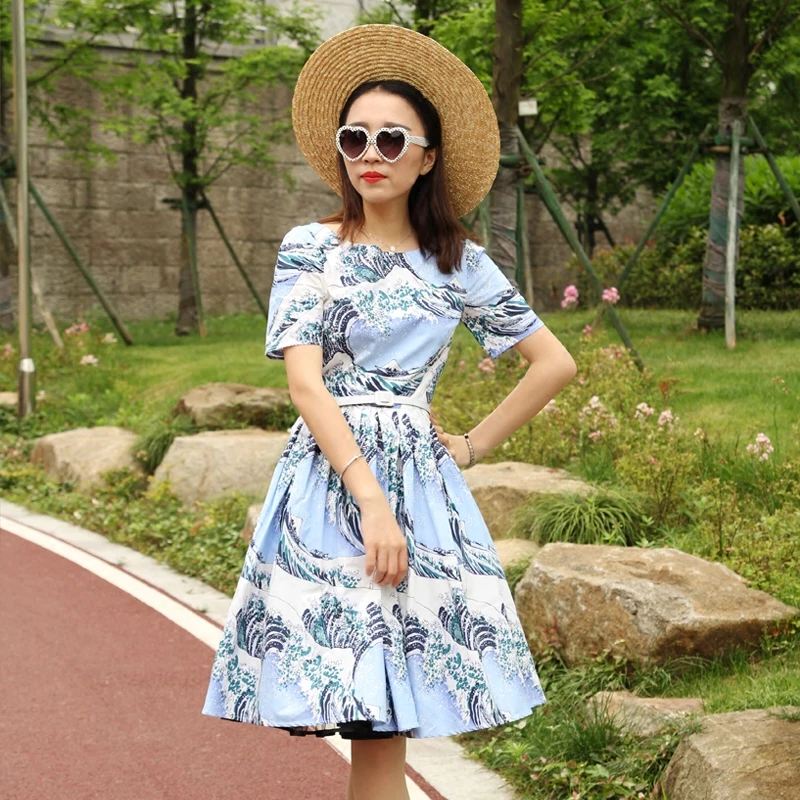 

women vintage 50s rockabilly The Great Wave off Kanagawa pleated short sleeve swing dress big plus size vestidos tallas grandes