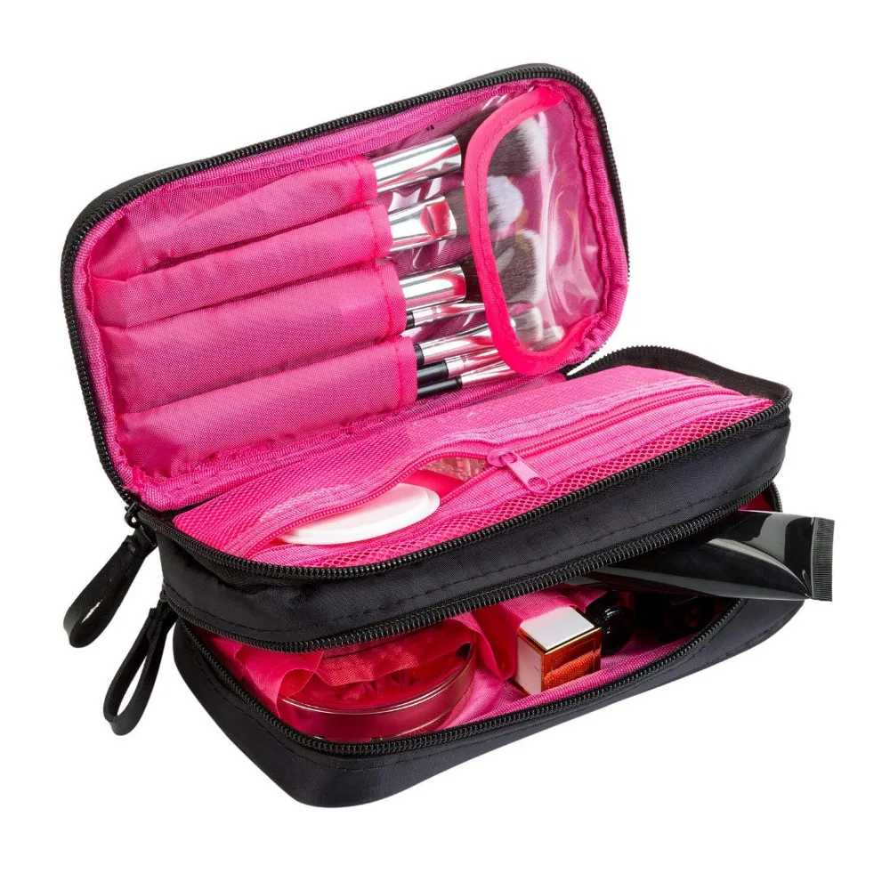 Black/Black-Pink Portable Women Nylon Cloth Dual Layer cosmetic Make up Pouch Brush Organizer Storage Bag cosmet Makeup Tool Kit