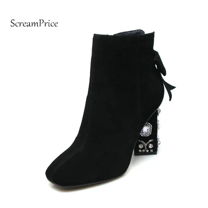 

The New Woman Suede Crystal Square High Heel Zipper Ankle Boots Fashion Bow Knot Dress Boots Woman Black Gray