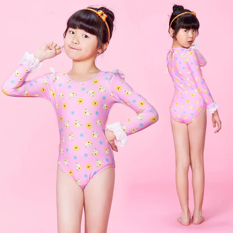 

2017 new Girls High Neck Long-sleeved sun protection swimwear Removable skirt swimsuit Beach cute Children's One-Piece Suits