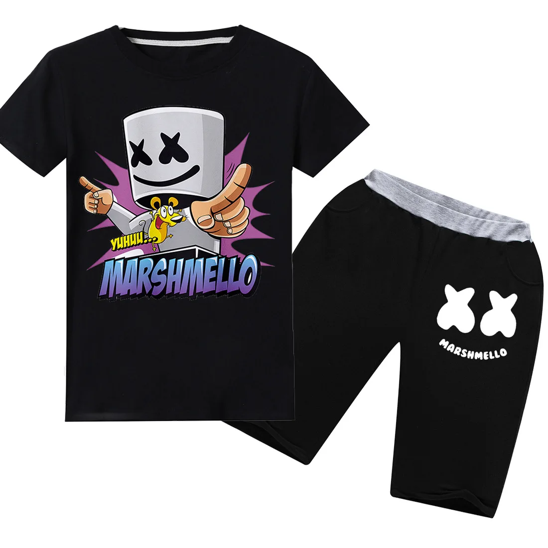 

Summer new 100% cotton clothes children Marshmello boy T-shirt suit fashion DJ Music printed Tops Tees 2pcs thick Kids clothes