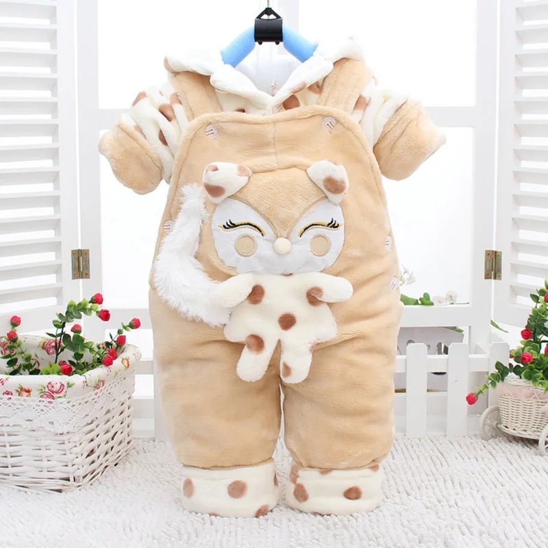 

New Winter Autumn Khaki Fox Cute Thicken Long Sleeve+Suspender Trousers 0-2T Baby Infant Girl 2 Pieces Children's Set Overalls