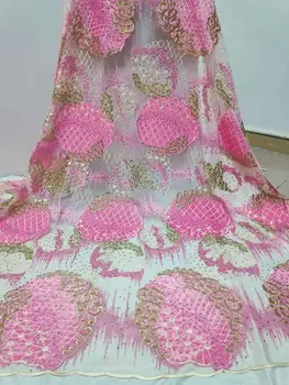 

High quality Nigerian wedding lace fabric royal pink latest African lace velvet French mesh lace fabric with diamond dresses