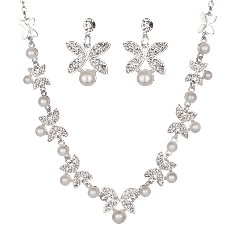 Simulated Pearl Bridal Wedding Jewelry Sets Silver Color Butterfly Flower Necklace Earrings Engagement | Украшения и аксессуары