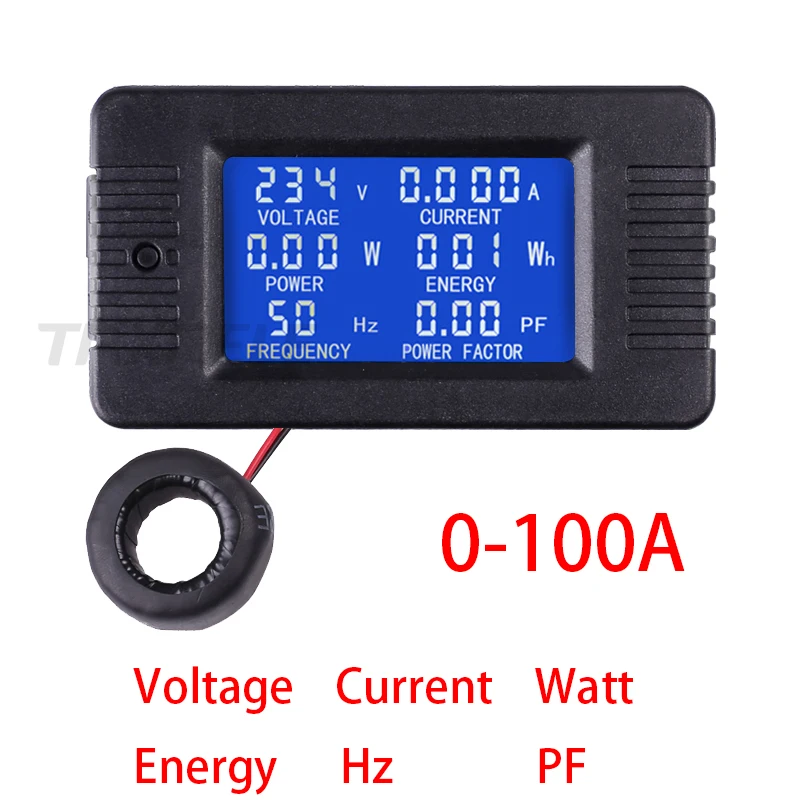 

Digital Voltage Current Meter LCD Panel Amp Volt Watt Kwh Power Factor Meter AC80-260V 100A Voltmeter Ammeter with Coil CT TX022