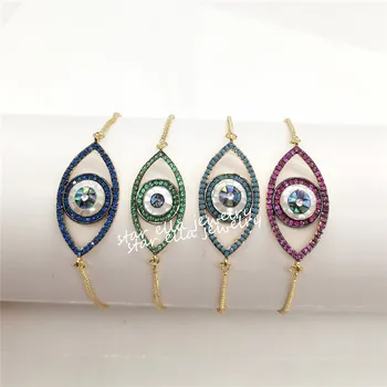

10pcs Gold Color Micro Pave Cubic Zirconia Abalone Shell Turkey Evil Eye Adjustable Link Bracelet Pulseras Bisuseria