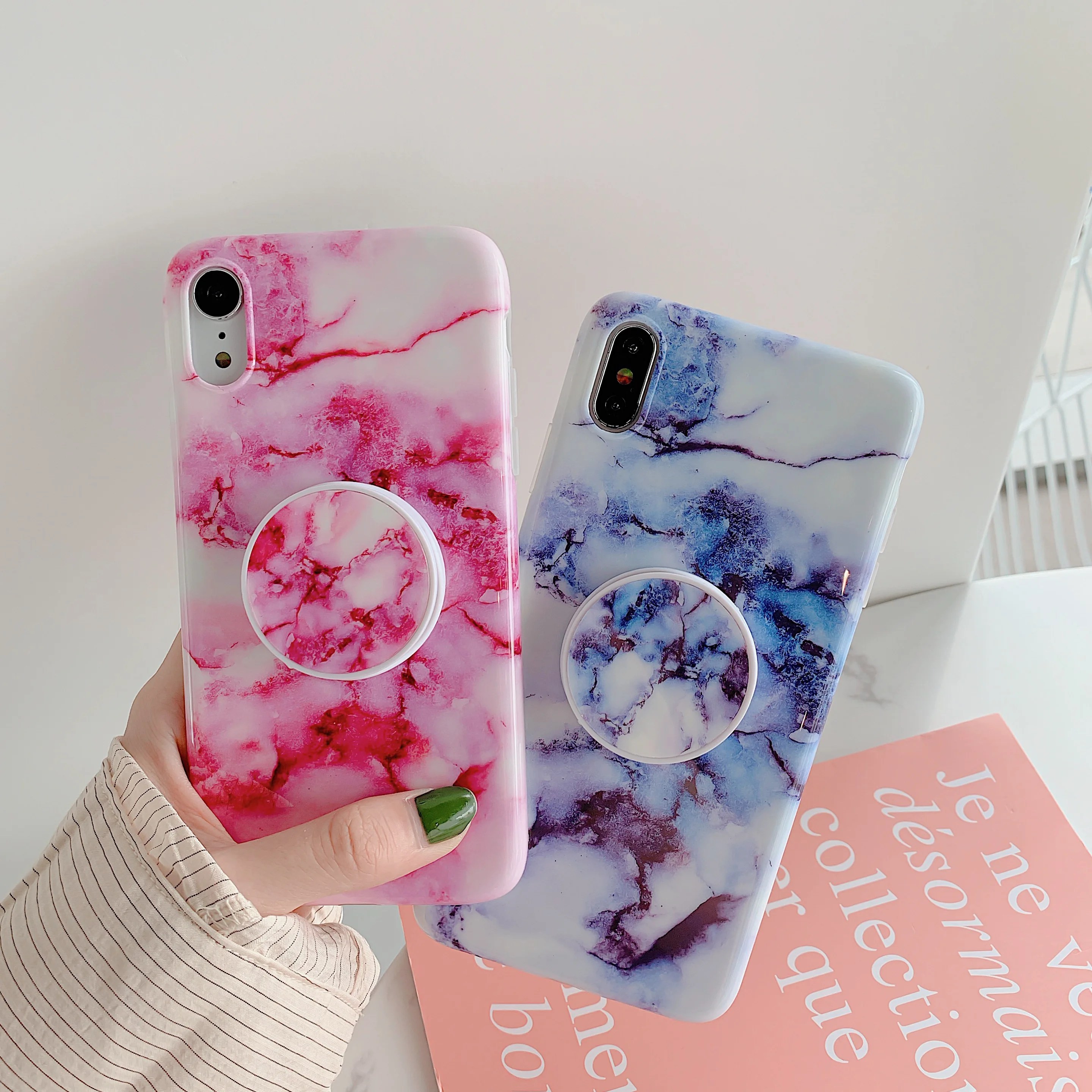 

Luxury Blue Pink Cloud Marble Phone Cover Fold Holder Popular Stand Grip Cases For iPhone 7 6 6S 8 Plus X XS MAX XR Coques Shell