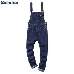 Sokotoo для мужчин темно синий джинсовый комбинезон Slim fit джинсы подтяжки комбинезоны для женщин