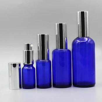 

2/10pcs 5ml 10ml 15ml 20ml 30ml 50ml 100ml Empty Blue Essential Oil Bottle with Silver Emulsion Press Pump Cap Lid & Outer Cover