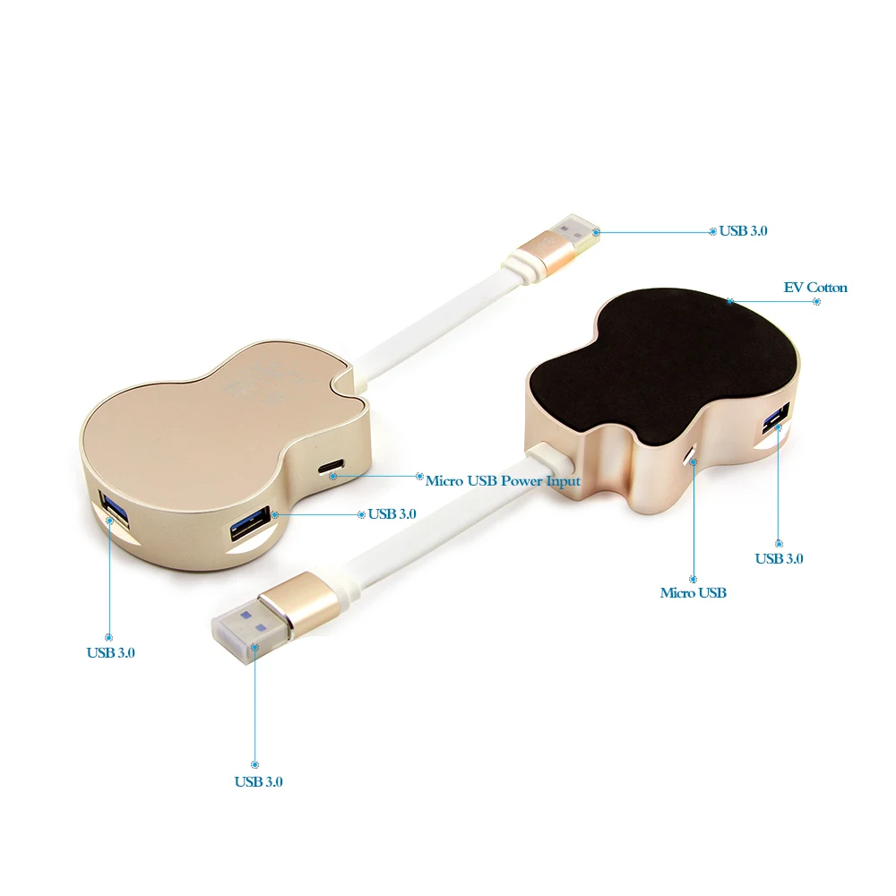 USB 3.0 Hub 4 Ports USB Splitter Micro Hub USB 3.0 Gold Guitar Chargable Hub High Speed Computer Accessories For MacBook PC      