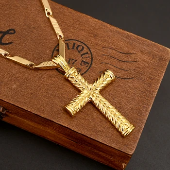 

eMEN'S Women Large size cross 14 k Yellow Solid gold GF charms lines pndant necklace fashion christian jewelry Heavy