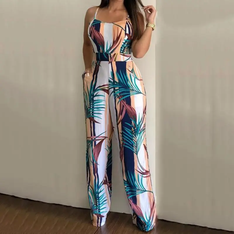 

Women Jumpsuit Backless Sexy Chic Plant Print Holiday Boho Beach Fashion Summer 2019 Overalls Female Casual Sleeveless Rompers