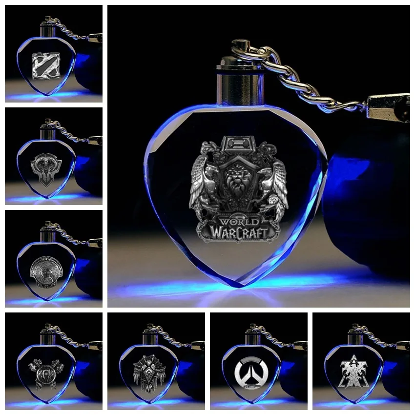 

WoW Horde Alliance logo LED key chains DOTA 2 StarCraft OW funny personalized pendants heart crystal keyrings brelok do kluczy
