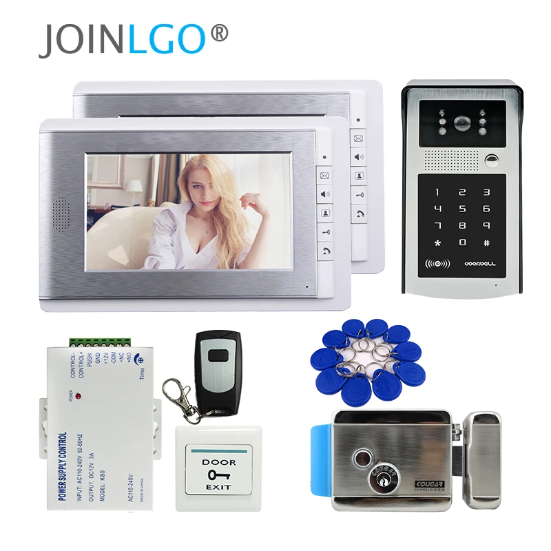 FREE SHIPPING 7\ LCD Video Intercom Door Phone Kit 2 Monitors + Waterproof RFID Keypad Doorbell Camera + Electric Control Lock